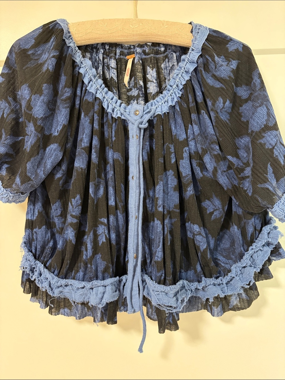 Free People Black and Blue Floral Ruffle Peasant Top